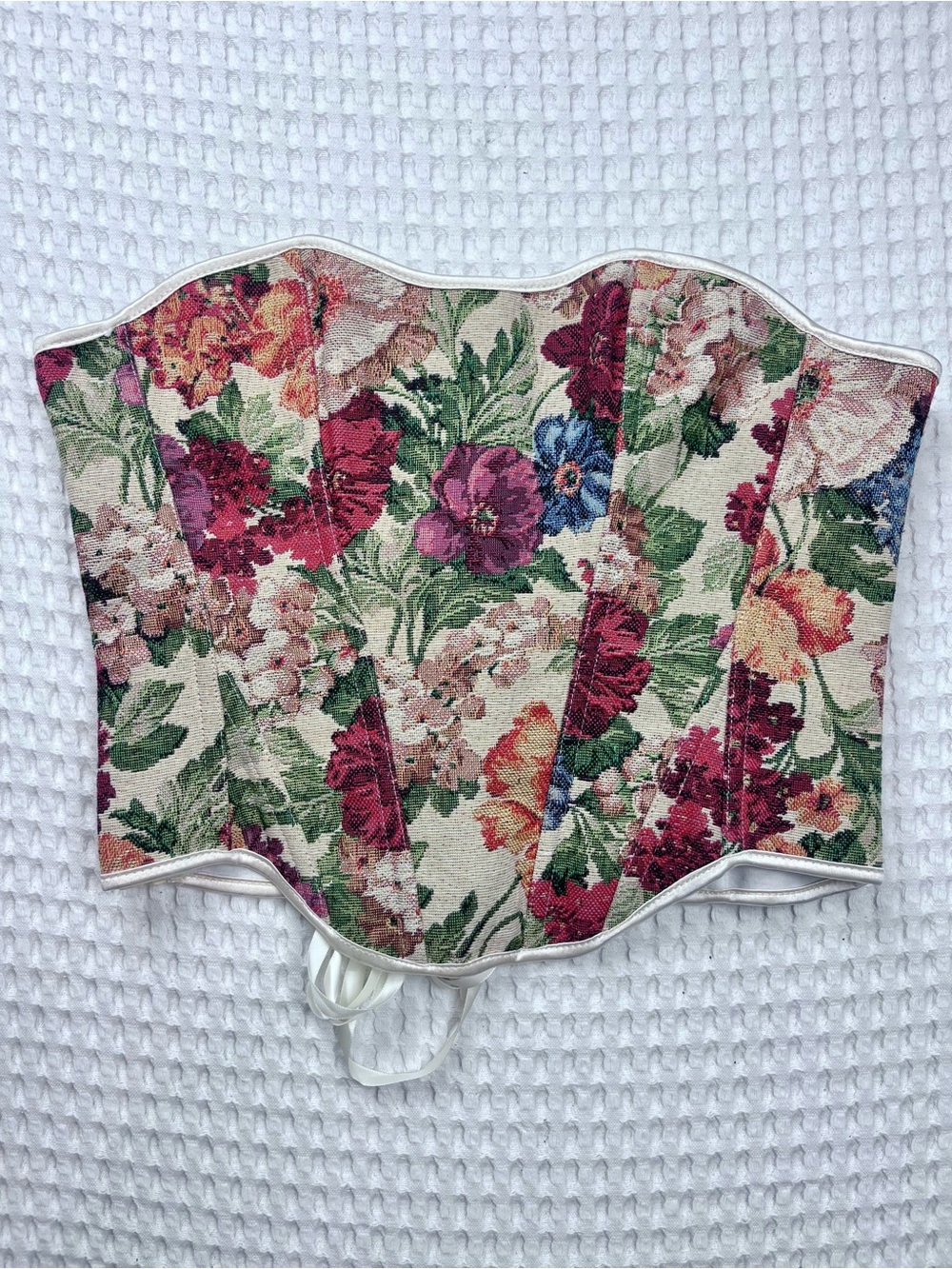 Floral Tapestry Corset Top Lace-Up Back Side Zip Romantic Cottagecore M
